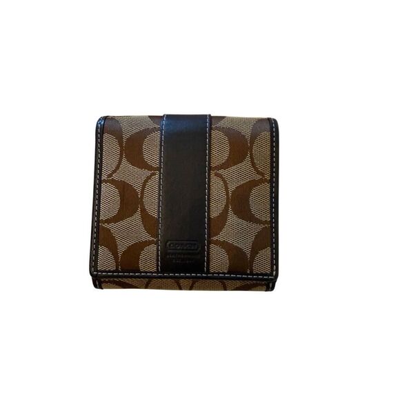 Coach Womens Brown Signature C Logo Leather Canvas Card Snap Bifold Wallet Small - Picture 4 of 10